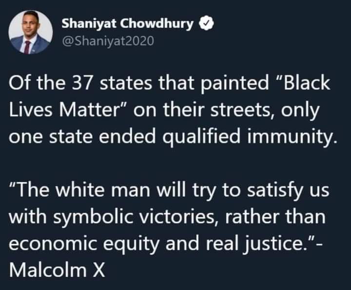 This meme is a humorous commentary on the concept of "Black Lives Matter" being painted on streets, but in a literal and absurd way. The image shows a street with the words "Black Lives Matter" painted on it, but the joke is that the words are being painted by a group of 37 states that are all "ending qualified immunity". The text reads: "Of the 37 states that ended qualified immunity, only one state ended qualified immunity. The rest of them are still trying to find a way to end it." The meme is referencing a 2020 news article about 37 states ending qualified immunity, but the joke is that the one state that ended it is a "black lives matter" street painting.