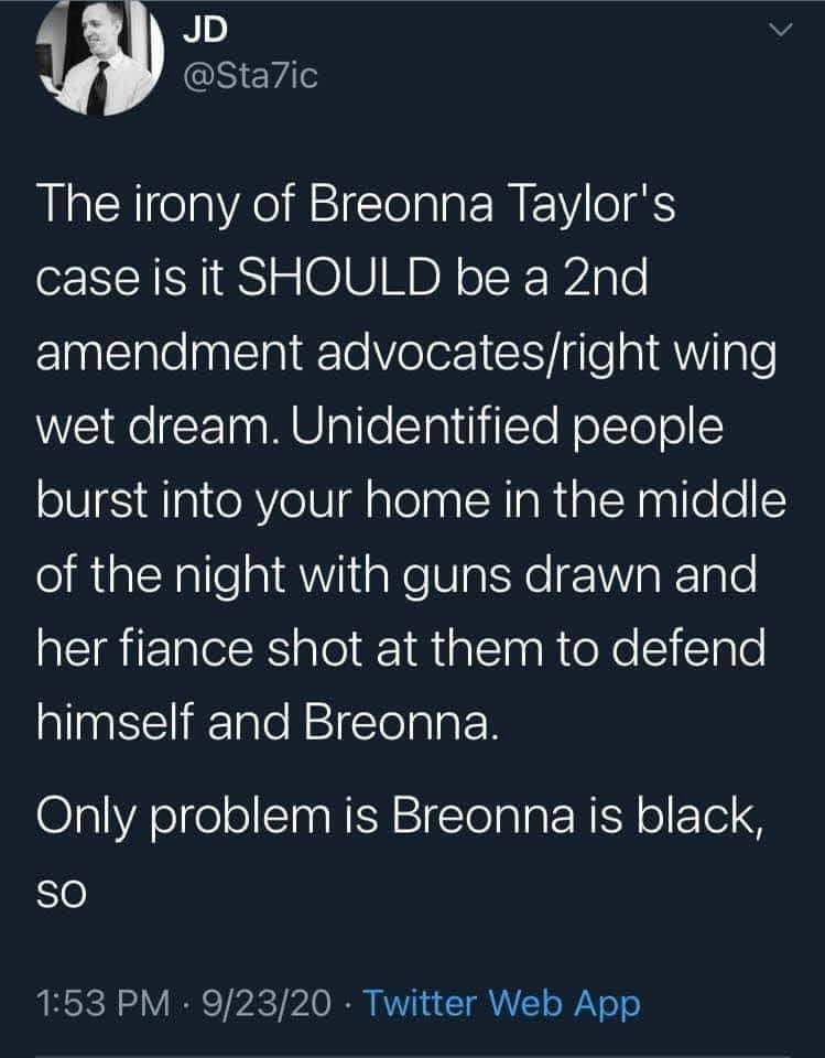 The meme is a Twitter post from user @Sta7ic, responding to a news article about the murder of Breonna Taylor. The post reads: "The irony of Breonna Taylor's case is it SHOULD be a 2nd amendment advocates/right wing wet dream. Unidentified people burst into your home in the middle of the night with guns drawn and her fiancé shoots them in self-defense. Only problem is Breonna is black, so."