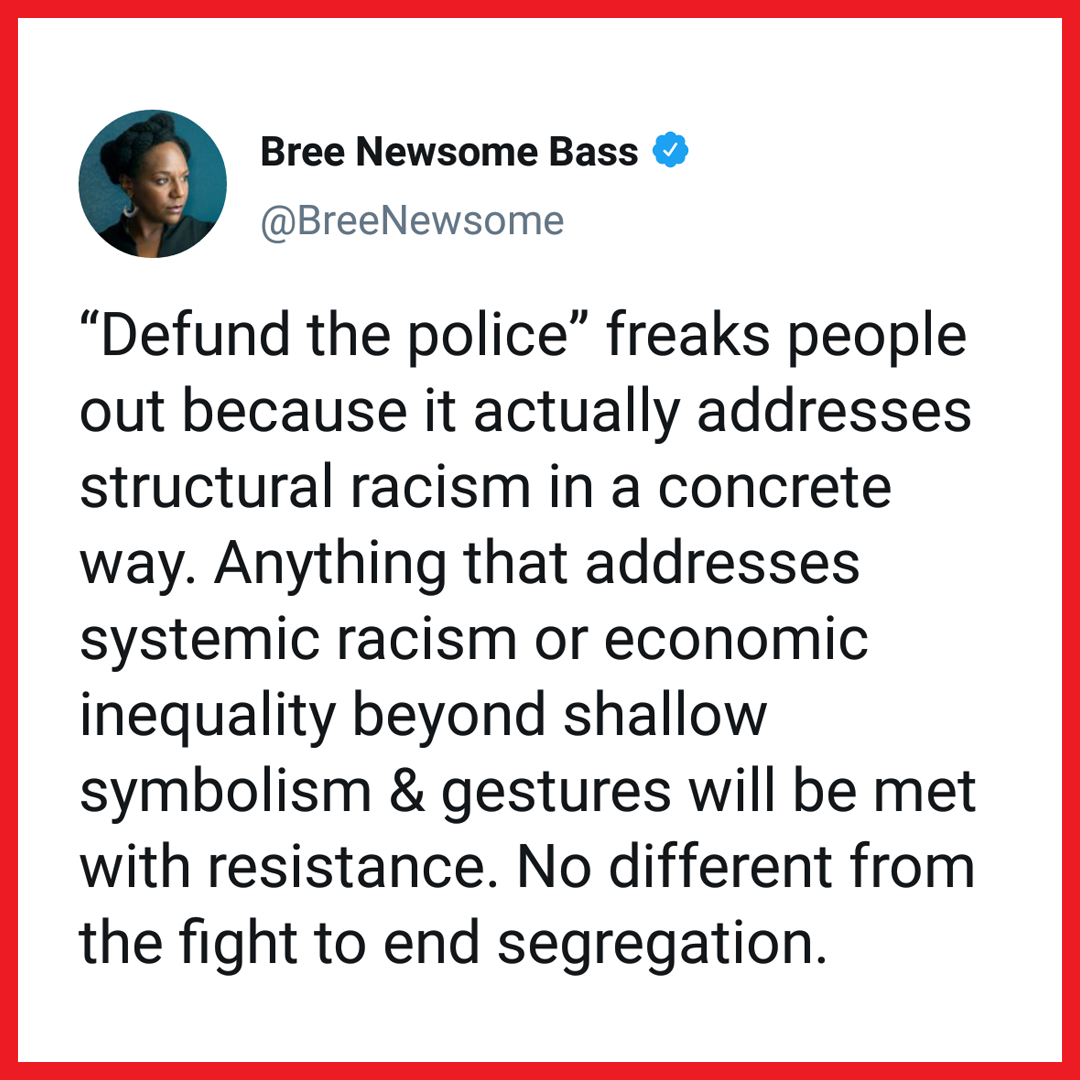 The meme features a tweet from Bree Newsome Bass, a former activist and artist. She writes: "Defund the police is not about defunding the police. It's about defunding the systems of oppression that have been built on the back of our communities. Defunding the police means taking money from the police and putting it into the communities they are supposed to serve."