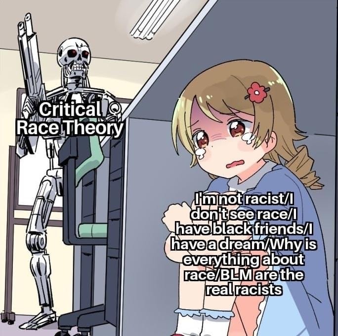 This meme is a humorous commentary on the concept of Critical Race Theory (CRT) and the perception of it by some individuals. The image shows a robot, representing the theory, watching a girl who is afraid of it. The text on the girl's shirt reads: "I'm not racist/I don't see race/I have black friends/I have a dream/Why is everything about race/BLM are the real racists." This text is a satirical representation of the common arguments made by some people who deny racism and downplay its effects. The image is meant to be humorous and ironic, highlighting the absurdity of some people's views on racism and the lack of understanding of the theory.