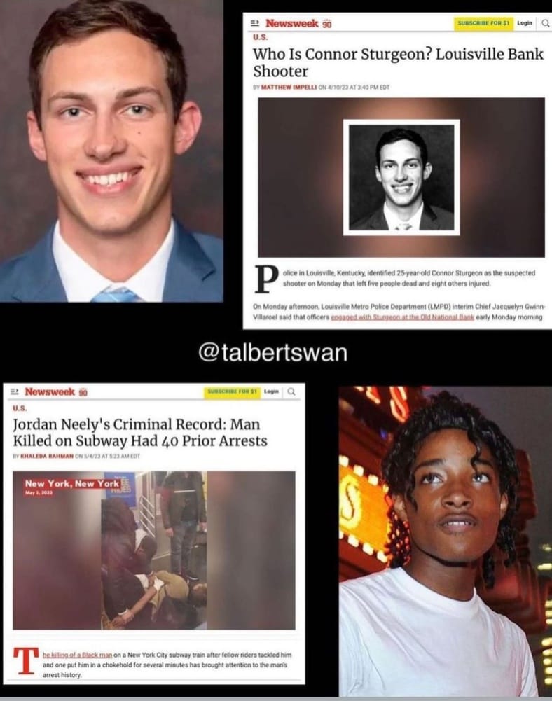 This meme is a commentary on the media's tendency to sensationalize and exploit tragic events. The image shows a split-screen comparison between a news article about the Buffalo mass shooting and a news article about a bank robbery where the perpetrator was killed by the police. The text at the top reads "When the shooter is white, when the shooter is black".