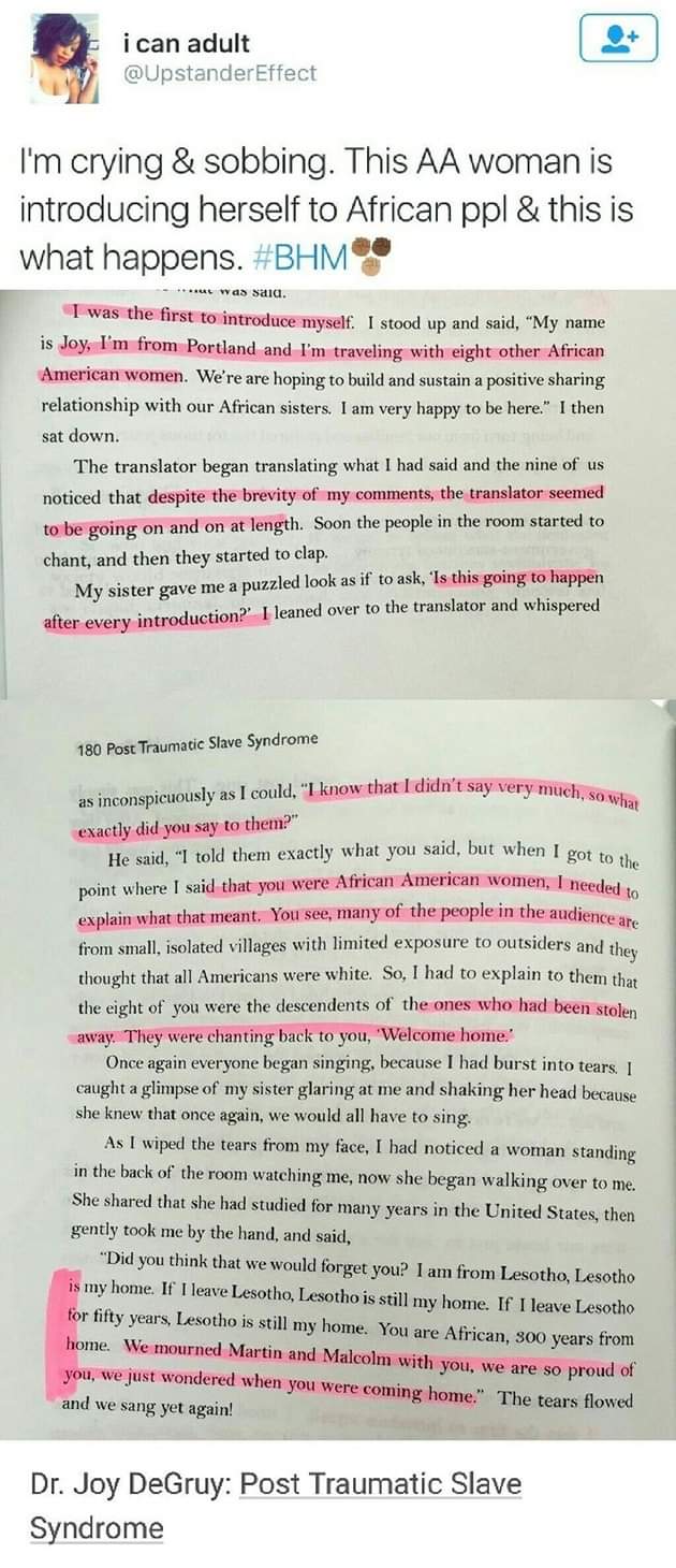 The meme is a screenshot of a Twitter post with a quote from a woman who is a Black American and a native speaker of a language that is not English. She is expressing her frustration with the fact that she is being asked to translate for a group of people who are not speaking her native language. The text of the tweet reads: "I'm crying & sobbing. This AA woman is introducing herself to African people & this is what happens."