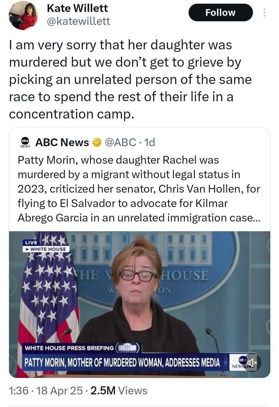 This meme is a screenshot of a Twitter post from @KateWillett, responding to a news article about a 2023 murder case. The post says, "I am very sorry that her daughter was murdered, but we don't get to grieve because we don't get to pick and choose who we grieve for. We have to grieve for everyone." The tweet is in response to an article about a woman who was murdered by a migrant who was not in the country legally.