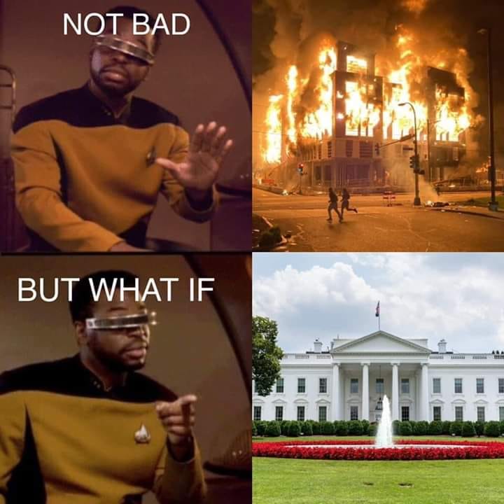 This meme is a humorous comparison of two contrasting scenarios. The first image shows a character from Star Trek: The Next Generation, Jean-Luc Picard, making a distinction between two situations. The text "Not bad, not good, but what if?" appears above the character, and the phrase "Not bad, not good, but what if?" is repeated below. The second image shows a chaotic scene of a city in flames, with the character saying "Not bad, not good, but what if?" in response to the situation.