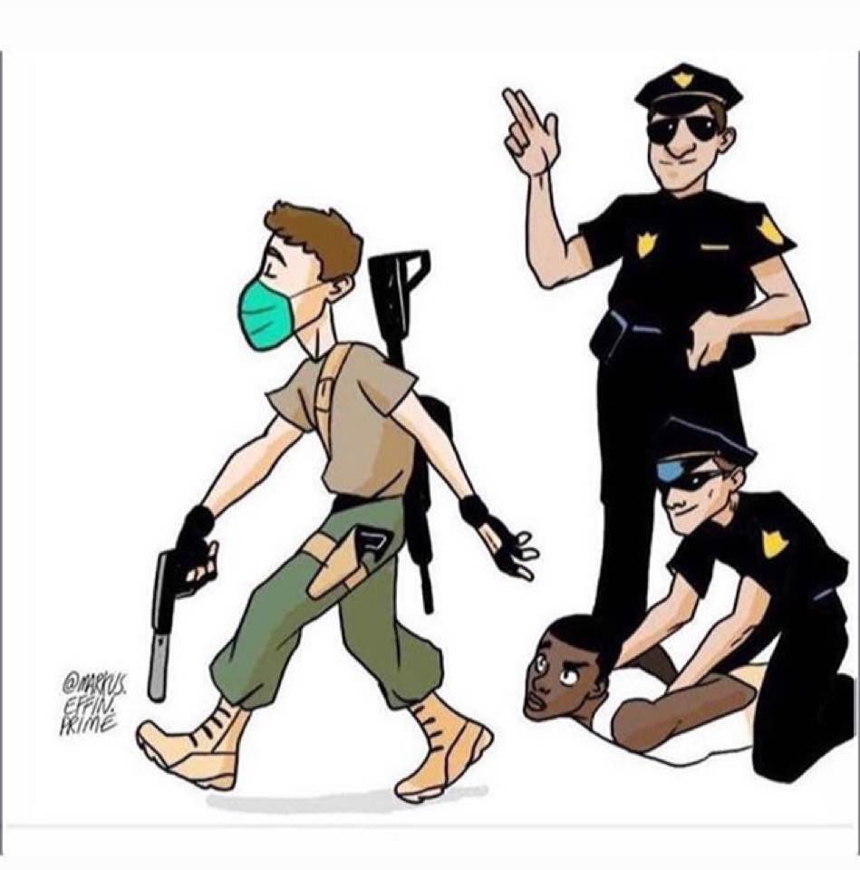 This meme is a satirical illustration that juxtaposes two different scenarios. On the left, a person is shown with a gun, wearing a mask and a backpack, likely representing a modern-day armed individual. The text "2nd Amendment" is likely written in the background. On the right, two police officers are shown restraining and handcuffing another person, likely representing a law enforcement scenario.