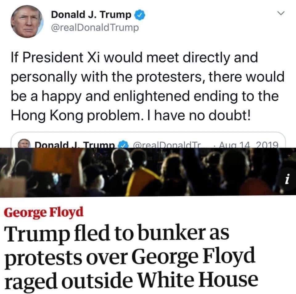 This meme is a screenshot of a tweet from Donald Trump's Twitter account, featuring a photo of a crowd of people and the caption "I have no doubt!" above a quote from Trump's tweet. The tweet itself reads: "If President Xi would meet directly and personally with the protesters, there would be a happy and enlightened ending to the Hong Kong problem. I have no doubt!" The meme is likely poking fun at Trump's lack of understanding of the Hong Kong protests and his inability to understand the complexities of the situation.
