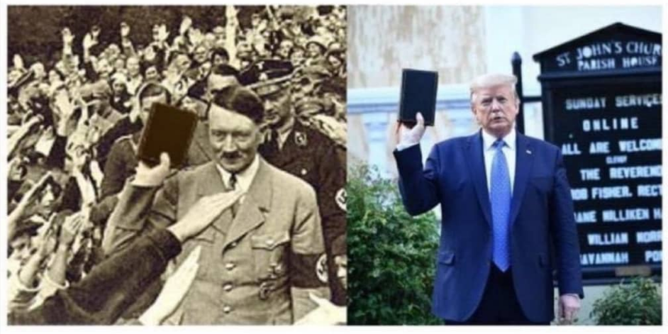 This meme is a comparison between two images of Adolf Hitler and Donald Trump. The top image shows Hitler giving a speech in 1933, while the bottom image shows Trump holding a Bible in front of a church in 2020. The text "same energy" is written above the two images, implying that both leaders are using similar tactics to manipulate their audiences.