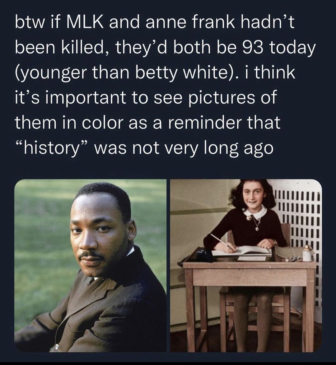 This meme is a humorous comparison between the ages of Martin Luther King Jr. and Anne Frank at the time of their deaths. The text reads: "btw if MLK and Anne Frank hadn't been killed, they'd both be 93 today (younger than Betty White)". The meme is making a lighthearted comment about the age of these historical figures, comparing them to the age of the actress Betty White, who passed away in 2013 at the age of 98.