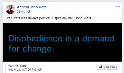 The meme is a screenshot of a Facebook post from the Star Wars character Ahsoka Tano, but it's actually a joke about the TV show "Star Wars: The Clone Wars" being rebranded as "Star Wars: The Ahsoka Tano Wars". The text reads: "Star Wars was always political. Especially the Clone Wars."
