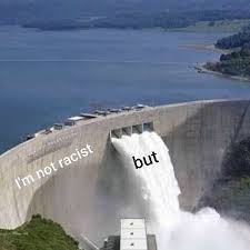 This meme is a satirical image of a dam with a massive water spill, but the words "I'm not racist" are written on the dam, implying that the owner of the dam is trying to cover up their racist behavior. The text "but"...