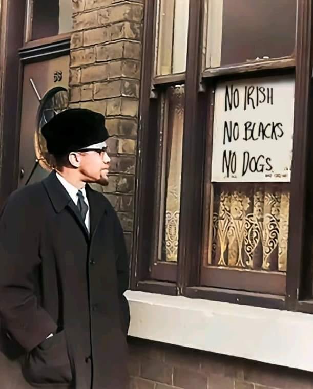 The meme is a photo of a "No Irish, No Blacks, No Dogs" sign, which was a notorious racist slogan used by the British Union of Fascists in the 1930s. The sign is being held by a person, likely a fascist, and the image...