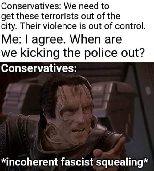 The meme is a humorous take on the stereotype that conservatives are more likely to be law enforcement supporters. The image shows a character from the TV show "Star Trek: Deep Space Nine" with a quote saying "The needs of the many outweigh the needs of the few... or the one." The text above this is a conversation between a conservative and a liberal, with the conservative saying "Conservatives: We need to get tough on crime. Liberals: We need to get tough on crime. Both: We need to get tough on crime." The text below this is a character from the TV show "Star Trek: Deep Space Nine" saying "The needs of the many outweigh the needs of the few... or the one."