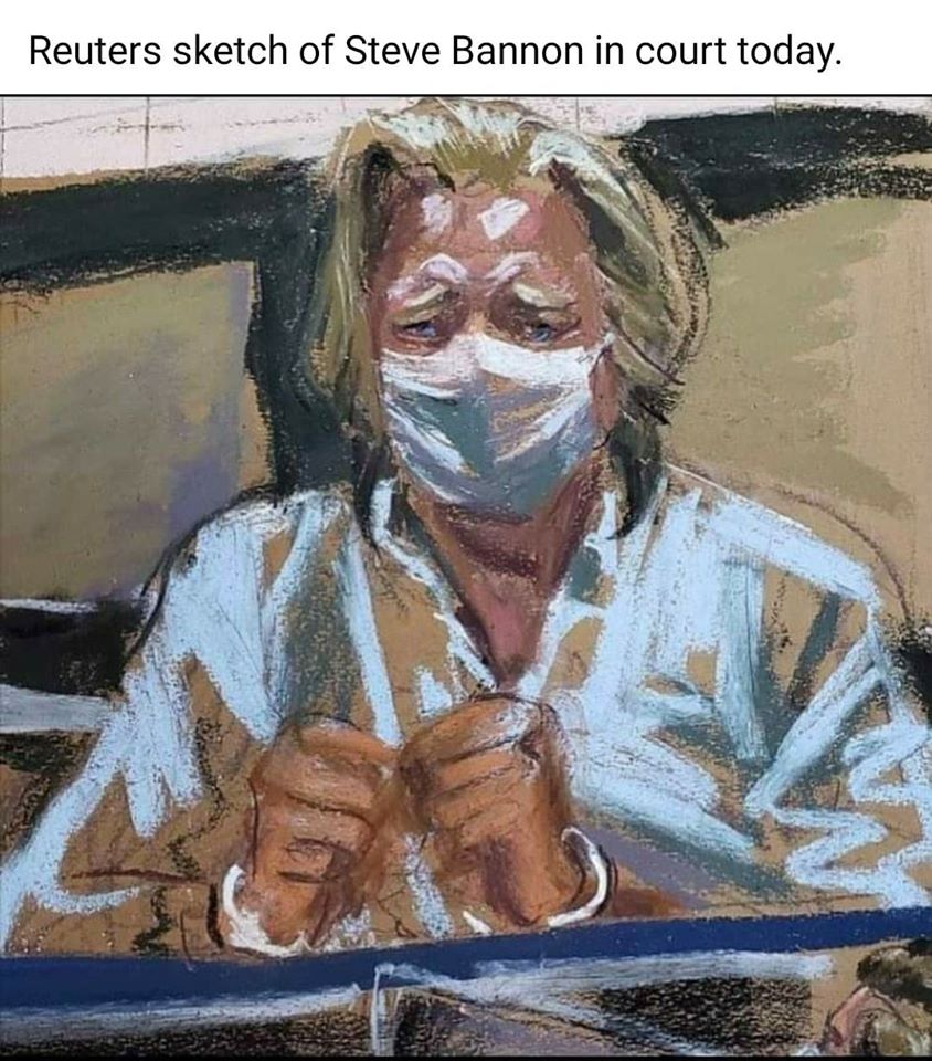 The meme is a satirical image of a courtroom sketch of Steve Bannon, a former Trump administration official, in a court appearance. The image shows a drawing of Bannon with a defiant expression, wearing a mask and handcuffs, with the text "This is the face of a man who's about to get a 10-year sentence for 2 counts of 100% un-fact-checked conspiracy theories" above it.