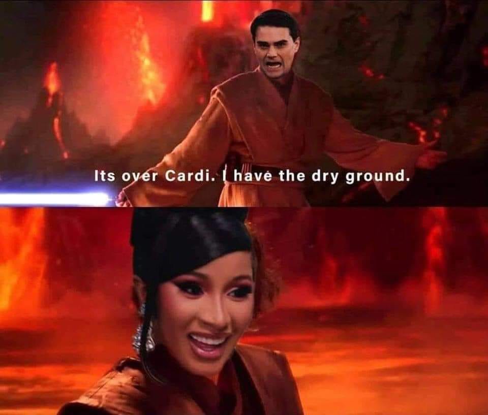 This meme is a play on words combining the phrase "It's over 9,000" from the sci-fi TV series "Star Trek" with a popular song by Cardi B. The image shows a scene from the movie "Star Wars: The Clone Wars" with the character Mace Windu saying "It's over 9,000" and then replaced with "It's over Cardi" and the response "It's over Cardi, I have the dry ground."