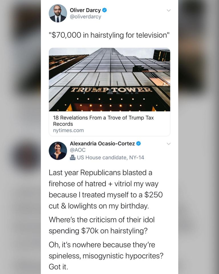 This meme is a screenshot of a tweet from a Twitter user named Oliver Darcy, who is responding to a tweet from AOC (Alexandria Ocasio-Cortez) about a tax bill. The tweet from AOC is a quote of a 2018 tweet from Donald Trump, where he said "$70,000 in hairstyling for a TV appearance is pretty ordinary." The meme is a response to AOC's tweet, where she says that Trump's comment is "spineless, misogynistic, and hypocritical" and that he is "spineless, misogynistic, and hypocritical."