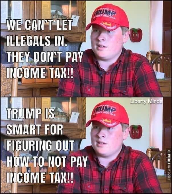 This meme is a satirical image featuring a young boy who is a fan of Donald Trump. The image shows the boy wearing a "Make America Great Again" hat and a "Trump 2020" shirt. The text on the image reads: "We can't let them in. We can't let them out. They don't pay taxes. We don't pay taxes. We're not going to pay taxes. We're not going to let them pay taxes."