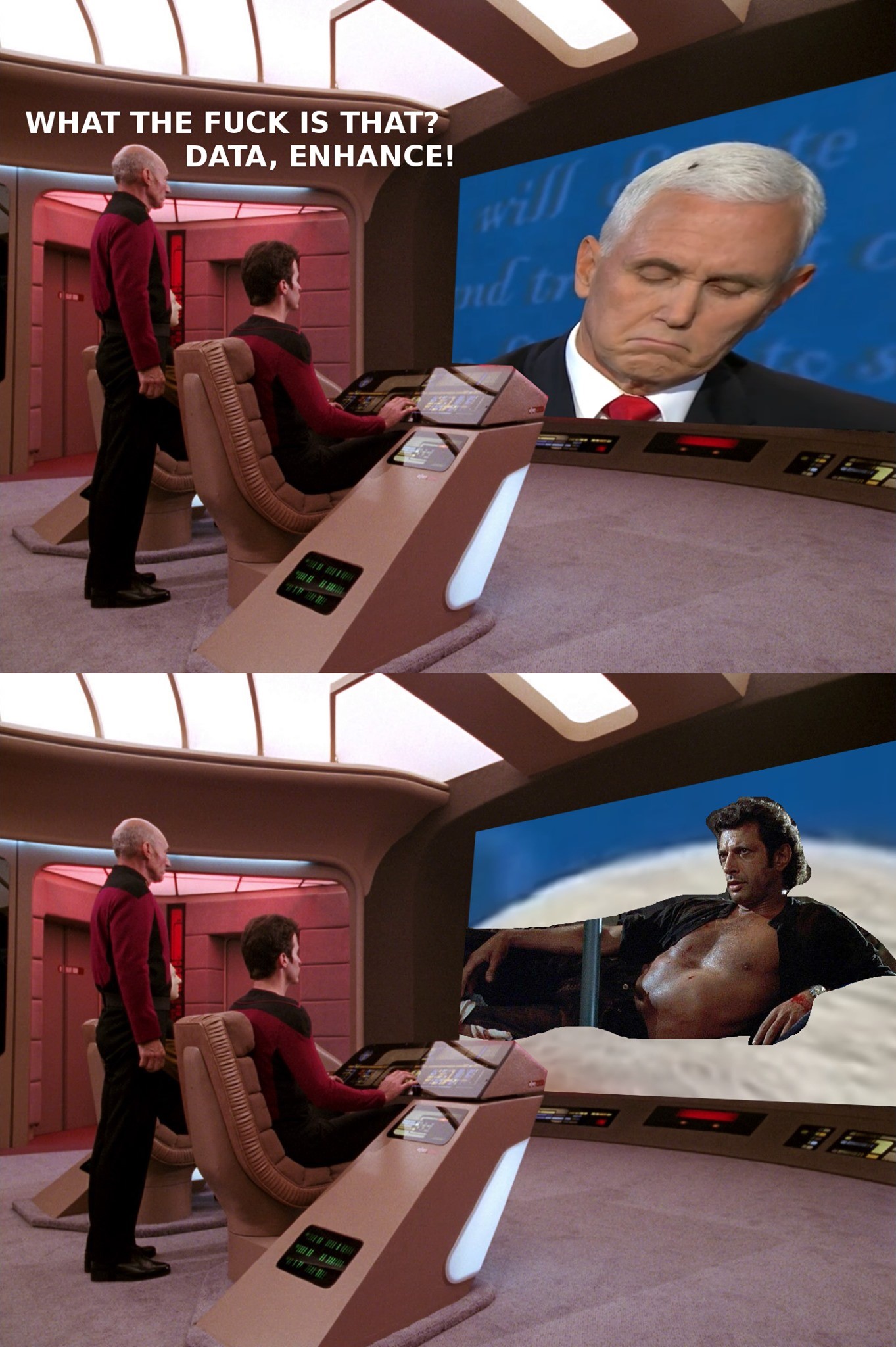 This meme is a play on a scene from the TV show Star Trek: The Next Generation, where Captain Jean-Luc Picard is surprised by a graphic display on his ship's console. The meme shows a still image of the scene with the text "WHAT THE [EXPLETIVE] IS THAT? DATA, ENHANCE!" (in the style of the show's dialogue) and an image of a shirtless, muscular Jeff Goldstein (from the movie "The 100") on the screen, with the caption "DATA, ENHANCE!" (in the style of the show's dialogue) on the top.