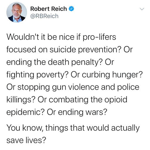 This meme is a satirical tweet from Robert Reich, a former US Secretary of Labor. The text reads: "Wouldn't it be nice if pro-lifers focused on suicide prevention? Or ending the death penalty? Or fighting poverty? Or curbing hunger? Or stopping gun violence and police killings? Or combating the opioid epidemic? Or ending wars? You know, things that would actually save lives?" The tweet is a humorous and ironic commentary on the priorities of some people who are pro-life.