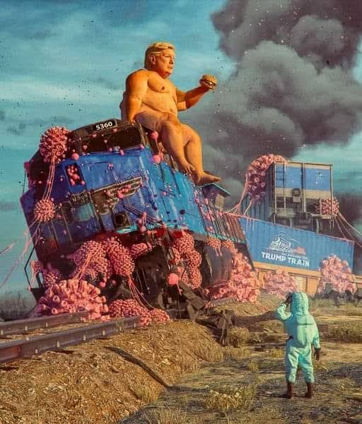 This meme is an image of a destroyed train, with a giant, nude, and angry Trump figure sitting atop the wreckage, holding a train wheel. The text "Train Crash" appears in the top-left corner of the image, and the image is captioned "Trump Train Crash". The image is a humorous commentary on the chaos and destruction that Trump's presidency was perceived to have caused.