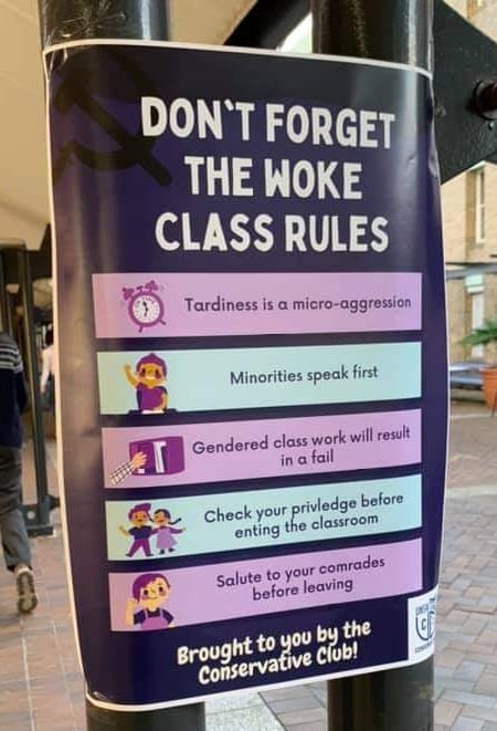The meme is a humorous list of "rules" that are supposedly for a class of students who are not taking their education seriously. The text on the sign reads: "Don't forget the woke class rules: Tardiness is a micro-aggression, minorities speak first, gendered class work will result in a fail, check your privilege before entering the classroom, and salute to your comrades before leaving."