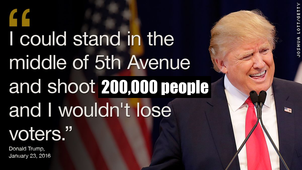 This meme is a satirical image of Donald Trump, featuring a quote where he boasts about being able to stand in the middle of 5th Avenue and shoot 200,000 people without losing voters. The image is likely a humorous and ironic commentary on Trump's presidential campaign and his infamous "I could stand in the middle of 5th Avenue and shoot 100 people and the 100th would not be a 100th” quote, which he actually said in 2016.