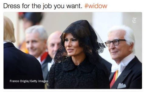 This meme is a photo of a woman wearing a black dress and veil, with a caption "Dress for the job you want" (a play on the phrase "dress for the job you have"). The image is a still from the 2019 wedding of Princess Meghan Markle, but the caption is ironic, implying that the woman is dressed for a funeral or mourning, rather than a job. The hashtag #widow is also included, implying that the woman is a widow, or at least dressed as one.