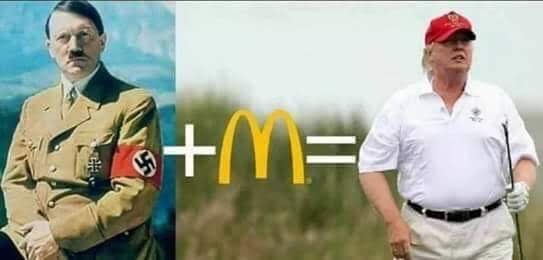 This meme is a mashup of two famous images: one of Adolf Hitler (left) and one of Donald Trump (right). The two images are combined to create a new, absurd image, with the McDonald's logo (M) in the middle, suggesting a fusion of the two leaders' ideologies with the fast food giant. The text "I can resist everything except temptation" is not present in this image, but it might be a quote that could be associated with the image's theme.