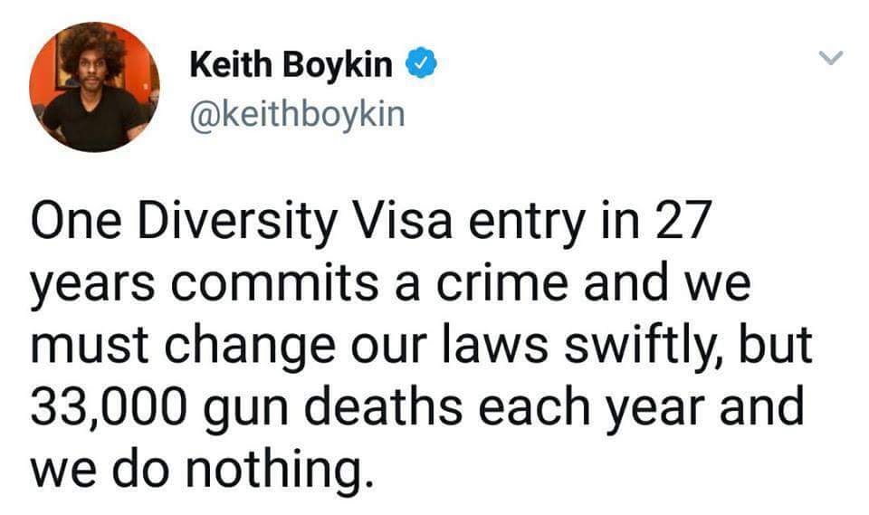 This meme is a humorous commentary on gun control. It presents a hypothetical scenario where a single "Diversity Visa" (a type of immigration visa) is allowed to commit a crime and the subsequent, swift change of laws. The text reads: "One Diversity Visa entry in 27 years commits a crime and we change laws immediately. 33,000 gun deaths in a year and we do nothing."