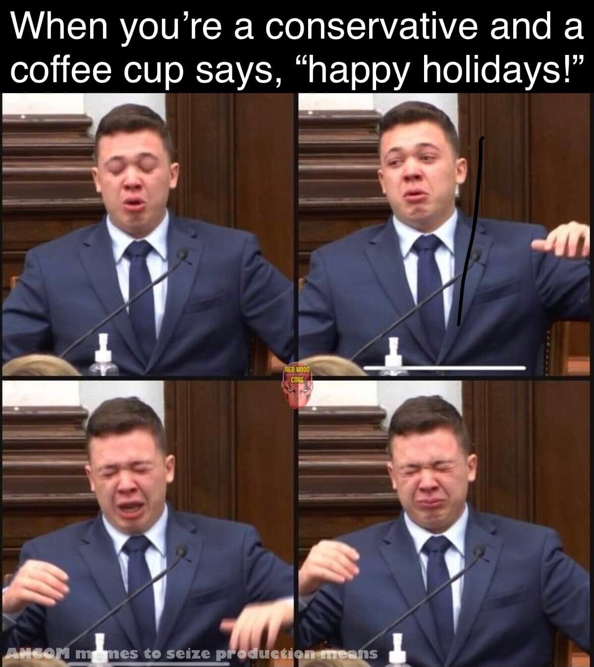 The meme features a series of images of actor Jake Paul, known for his dramatic reactions on social media, reacting to a common phrase. The top caption reads, "When you're a conservative and a coffee cup says, 'Happy Holidays!'" The images show Paul's face contorting in disgust, with the bottom caption "AICOM memes to seize production means" (which is likely a typo and actually says "AICOM memes to seize production means" is not present in the image, the actual image says "AICOM memes to seize production means")