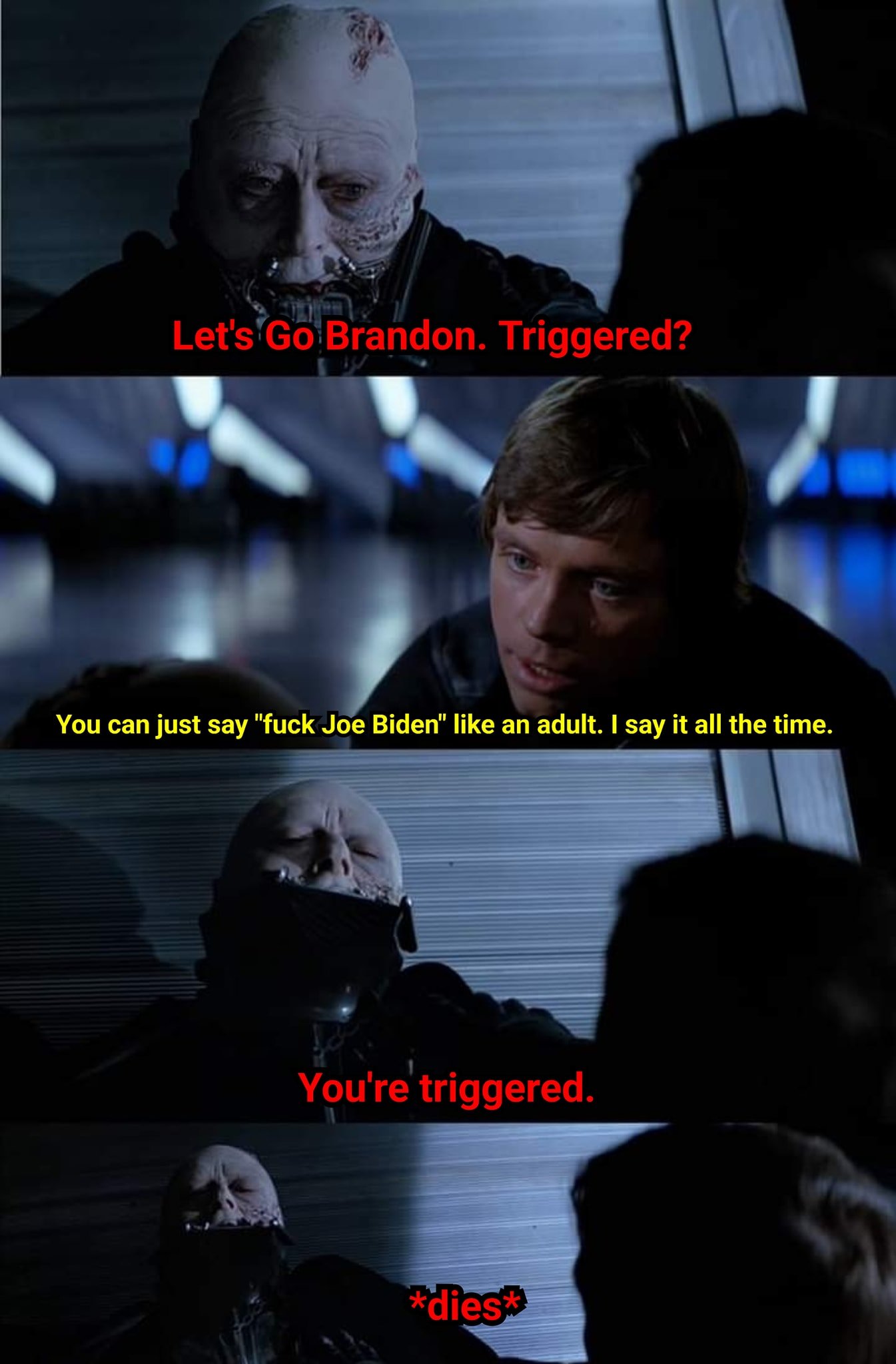 The meme is a humorous take on the infamous "I find your lack of faith... " line from the Star Wars movie "A New Hope". The image shows a scene from the movie with a character's line edited to say "I find your lack of faith... in the election of Joe Biden". The text at the top reads "Let's Go Brandon" (a popular meme referring to a phrase that is actually "Let's Go, Brandon!", which is a phrase used to express frustration or annoyance). The text at the bottom says "You can just say 'f*** Joe Biden' like an adult. I say it all the time."