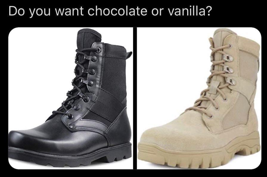 This meme is a play on the classic "do you want chocolate or vanilla?" question, but with a twist. It features two images of military boots, one in a dark, shiny black color and the other in a light, beige color. The text above the images reads "Do you want chocolate or vanilla?" but the answer is actually "black boots" and "tan boots", implying that the question is actually about the color of the boots.