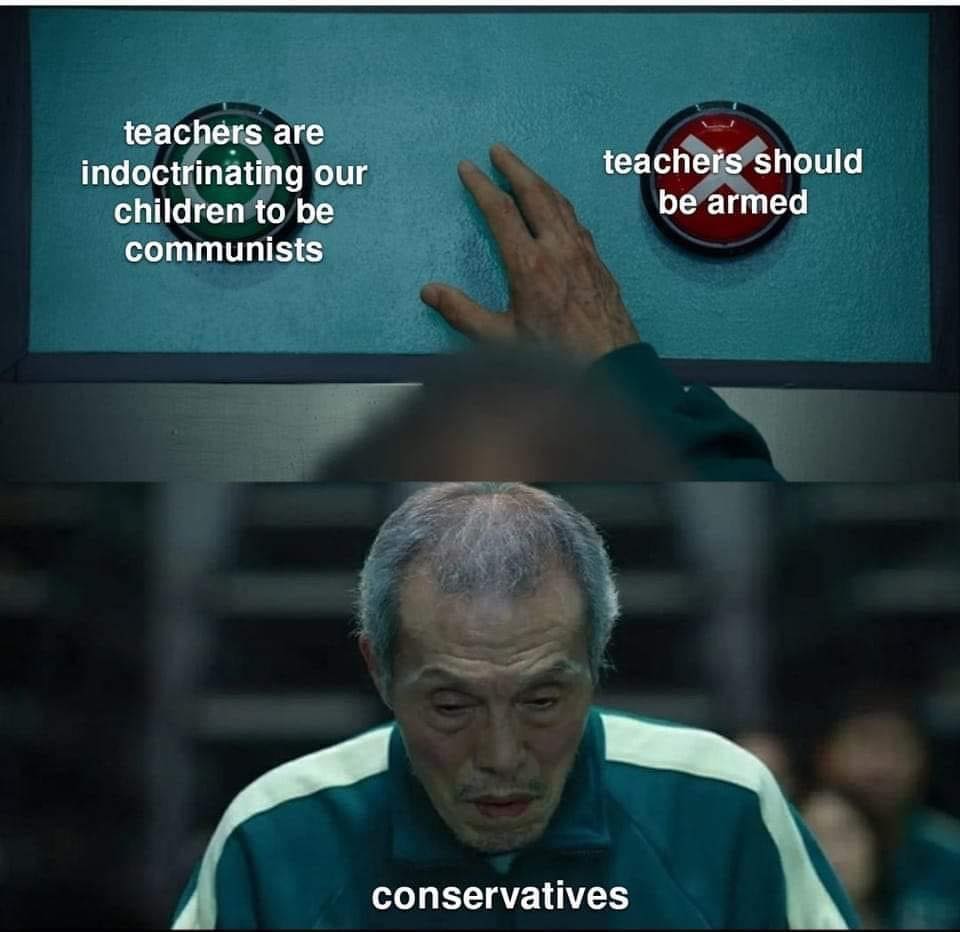This meme is a humorous commentary on the contrast between the views of a typical conservative (the top image) and a typical liberal (the bottom image). The top image shows a person with a "no" button and the text "teachers are indoctrinating our children to be communists", implying that the person believes teachers are teaching their children to be communist. The bottom image shows the same person with a "yes" button and the text "teachers should be armed", implying that the person believes teachers should be allowed to carry guns.