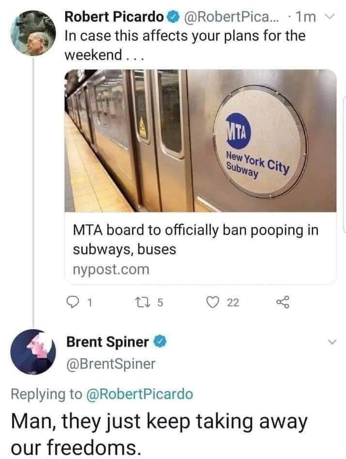 This meme is a screenshot of a Twitter conversation between Robert Picardo and Brent Spiner. The top tweet is from Robert Picardo, saying "In case this affects your plans for the weekend" and linking to a news article about the MTA (New York City's public transportation) banning eating on trains and buses. The bottom tweet is from Brent Spiner, responding with a sarcastic comment about the MTA's decision.