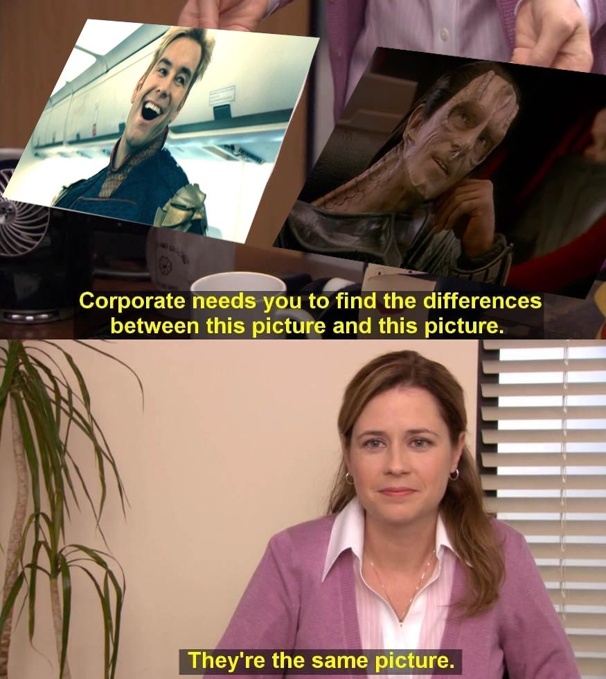 This meme is a comparison between two images of characters from different movies/TV shows. The top image shows a character from the movie "Guardians of the Galaxy" (Peter Quill/Star-Lord) with a ridiculously exaggerated and goofy expression. The bottom image shows a character from the movie "Aliens" (David) with a similar, albeit more sinister, expression. The text above the images reads, "They're the same picture," implying that the characters are identical, when in fact they are not.