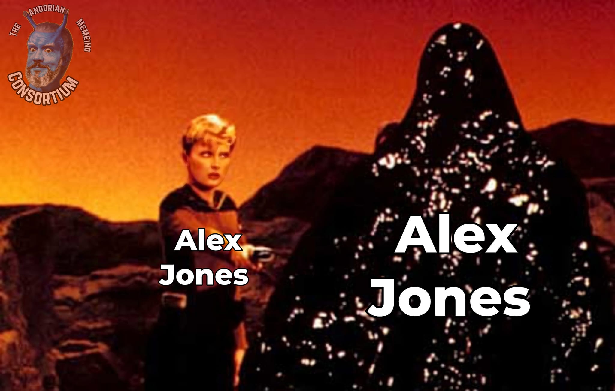 The meme is a play on the 1956 science fiction film "Forbidden Planet" where a character is attacked by a monster. The meme features a still from the film with the monster's name "Monster from the Deep" replaced with "Alex Jones". The text "Alex Jones" is also overlaid on the character's body.