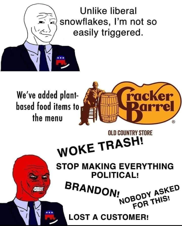 This meme is a satirical image featuring a character from the popular webcomic "Pepe" and a screenshot of the Cracker Barrel restaurant chain's Twitter account. The text reads: "We've added plant-based food items to the menu" and is followed by a sarcastic response from a fictional character, "In the words of the great philosopher, 'You're not even wrong'". The image is a humorous commentary on the current state of politics and the media's tendency to be overly sensitive to perceived slights.