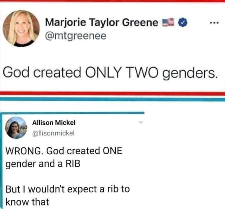 This meme is a humorous exchange between two individuals on Twitter. The first tweet, from Marjorie Taylor Greene, states "God created only two genders" and is met with a sarcastic response from another user, who says "God created one gender and a rib" in a tongue-in-cheek reference to the biblical story of Adam and Eve. The second tweet is a clever and humorous way of poking fun at the idea of a literal interpretation of the Bible.