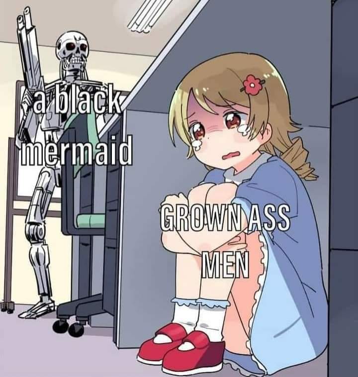 This meme is a play on the popular children's character "The Little Mermaid" and the phrase "I'm not a [insert profession/ occupation]". The image depicts a young girl in a bathroom, with a skeleton in the background labeled "a black mermaid". The text "I'm not a [insert profession/ occupation]" is overlaid on the girl, with the words "I'm not a grown up" written in a childish tone.