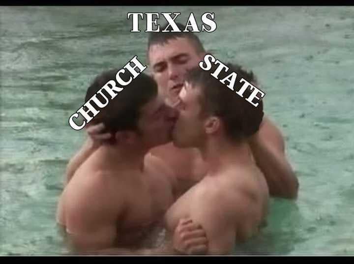 The meme is a photo of two men kissing, with the words "Texas" and "Church" on one man's head and "State" on the other's. The image is meant to be humorous and ironic, implying that the state of Texas is so conservative that it would even ban the act of kissing, even in a state that is known for its large Christian population. The text at the top of the image reads "Texas" and "Church", while the text at the bottom reads "State".