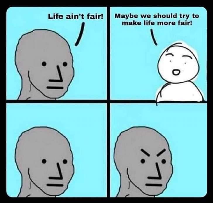 This meme is a simple four-panel comic strip. In the first panel, a person is shown with a neutral expression, saying "Life ain't fair!" In the second panel, the person is still neutral, but now says "Maybe we should try to make life more fair!" In the third panel, the person's expression changes to one of anger, and they say "No, we can't!" In the fourth panel, the person's expression is now one of determination, and they say "We'll make it fair!"