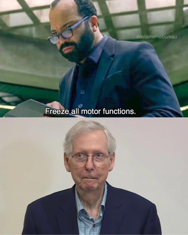 This meme is a humorous commentary on the current state of politics. The image features a screenshot of a TV show, with a character saying "Freeze all motor functions" and a caption of "Mitch McConnell" with a similar expression. The joke is that the character's command is being applied to the real-life politician, implying that he is also "frozen" in his emotions, much like the character in the TV show.