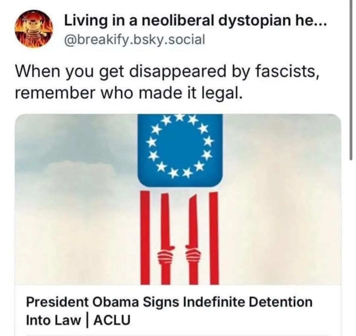 This meme is a commentary on the current state of politics and the rise of authoritarianism. It features a photo of a "Breaking News" headline that reads "President Obama Signs Indefinite Detention Into Law" with a redacted image of a flag. The text above the image reads "When you get disappeared by fascists, remember who made it legal." The meme is a darkly humorous commentary on the dangers of government power and the erosion of civil liberties.