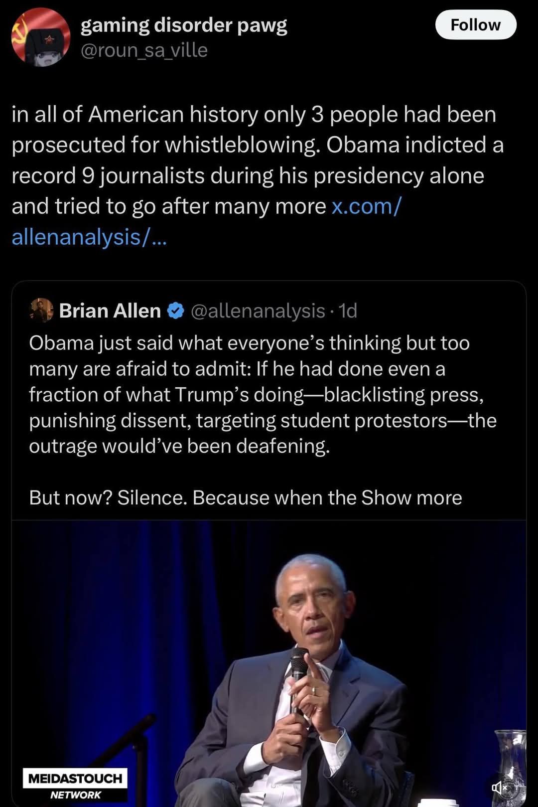 This meme is a screenshot of a Twitter conversation between two users, with one user (Gaming Disorder) making a joke about a 2023 news article about a former US President's (not specified) alleged involvement in a "whistleblowing" scandal. The text in the image reads: "In all of American history only 3 people had been prosecuted for whistleblowing. Obama indicted a record 9 journalists during his presidency alone and tried to go after many more."