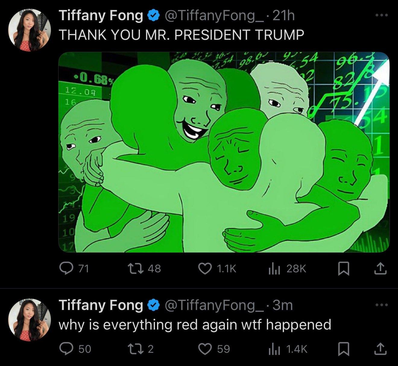 This meme is an image of a group of people in a financial trading room, all of whom are experiencing a collective emotional breakdown. The text above the image reads "Thank you Mr. President Trump" and the text below reads "Why is everything red again?". The meme is likely referencing the 2020 stock market crash and the subsequent economic downturn, and is poking fun at the idea that the president's policies are causing the economy to tank.