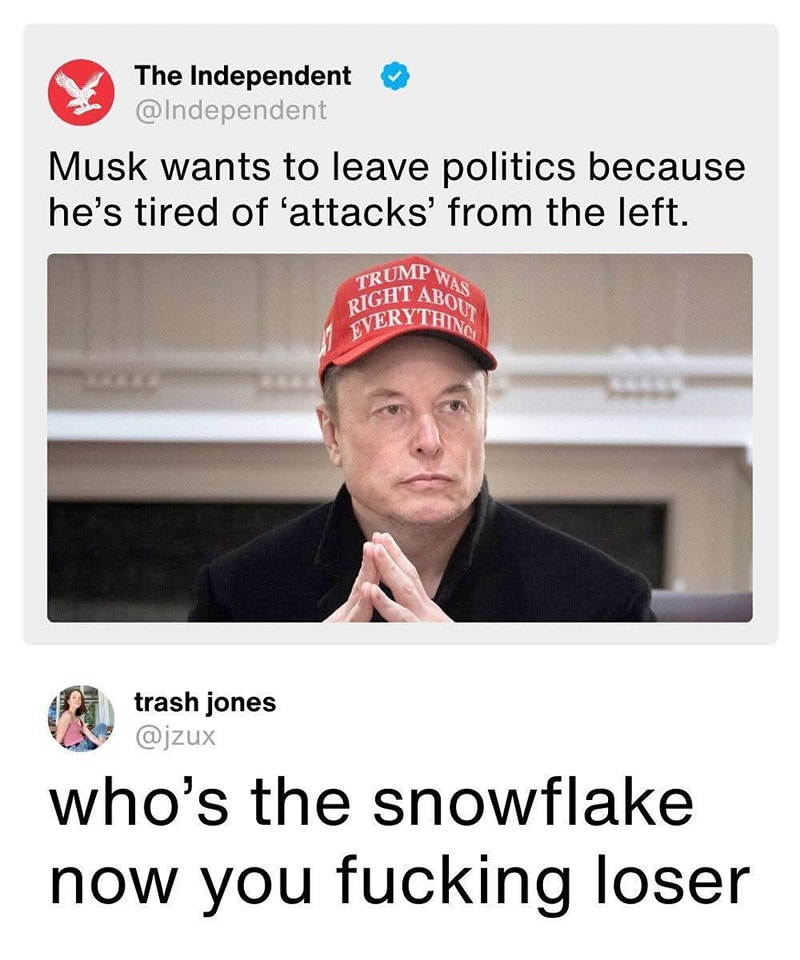 This meme is a screenshot of a tweet from the "The Independent" with a photo of Elon Musk wearing a "Make America Great Again" (MAGA) hat and a "Trump was right about everything" hat. The tweet is a satirical commentary on Musk's apparent support for Trump's policies. The meme is followed by a tweet from "trash jones" that reads "who's the snowflake now you f***ing loser".