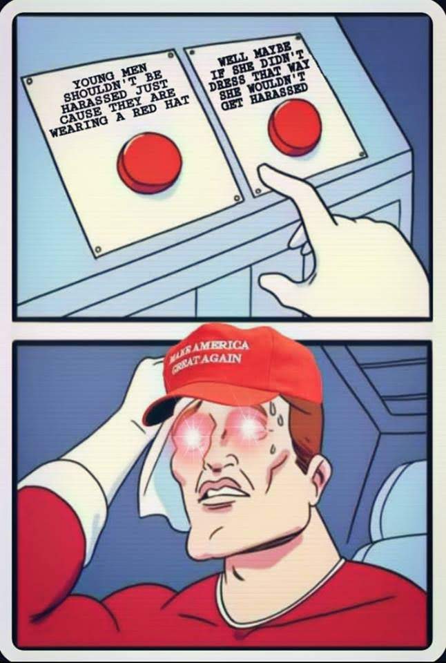 This meme is a humorous take on the current state of politics and social media. It presents two humorous options for dealing with harassment, with the first option being "Young men shouldn't be harassed just because they're wearing a red hat" and the second option being "Well maybe if she didn't dress that way she wouldn't get harassed". The image is likely referencing the controversy surrounding former President Donald Trump's "Make America Great Again" (MAGA) hat, which has become a symbol of his supporters.