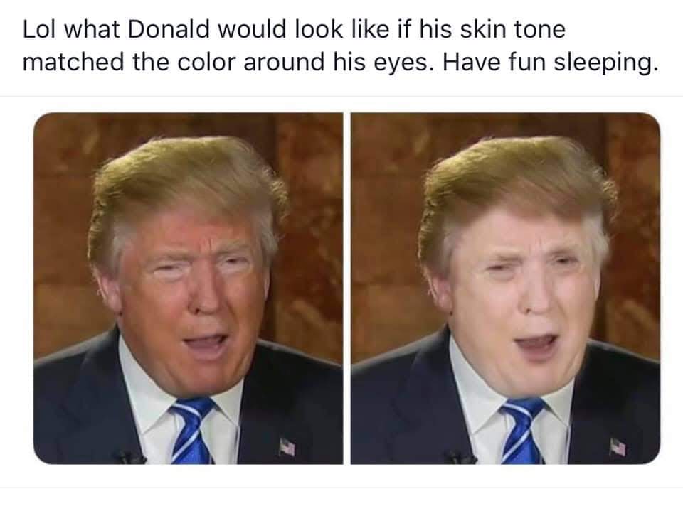 This meme is a humorous comparison of Donald Trump's face with a photo of himself with his eyes closed, implying that if his skin tone matched the color of his eyes, he would look like a completely different person. The text above the image reads: "Lol what Donald would look like if his skin tone matched the color around his eyes. Have fun sleeping." The meme is meant to be amusing and satirical, poking fun at Trump's appearance and making a lighthearted joke about his facial features.