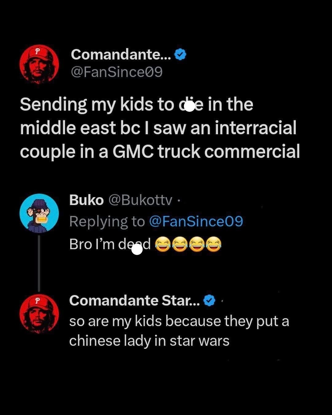 The meme is a screenshot of a Twitter conversation where a user, Comandante, shares a tweet about sending their kids to die in the Middle East because they saw an interracial couple in a GMC truck commercial. The user...