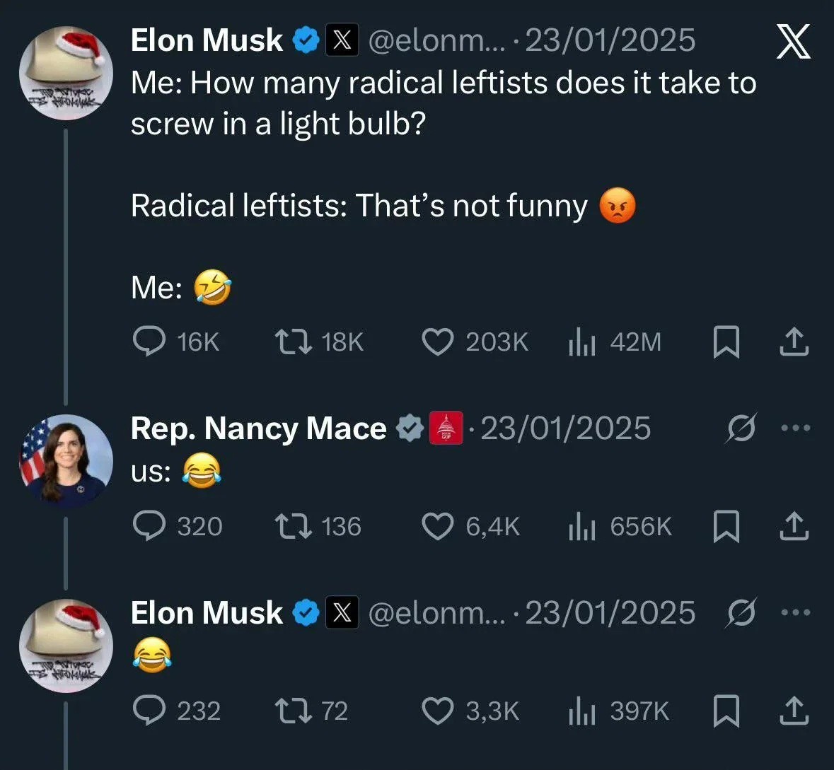 This meme is a screenshot of a Twitter conversation between Elon Musk and Rep. Nancy Mace, where they are discussing the number of radical leftists required to screw in a light bulb. The conversation starts with Musk...