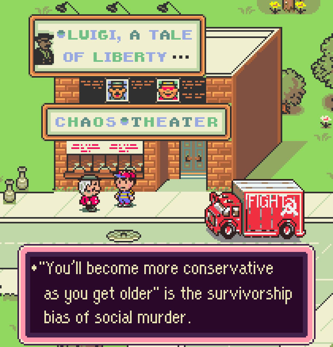 This meme acts as a cynical deconstruction of the popular assumption that getting older automatically equates to becoming more politically conservative. While the scene features a theater, the accompanying text frames...